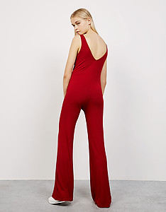 Red fitted ribbed flared jumpsuit