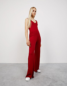 Red fitted ribbed flared jumpsuit